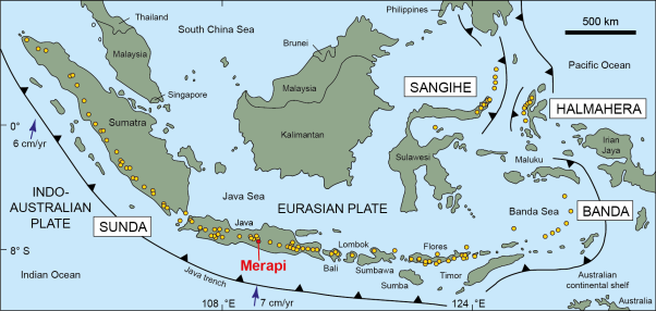 Map of Indonesian subduction zone system showing the distribution of active volcanoes and the location of Merapi. Figure is modified after Gertisser + Keller (2003) Journal of Petrology 44, 457 - 489