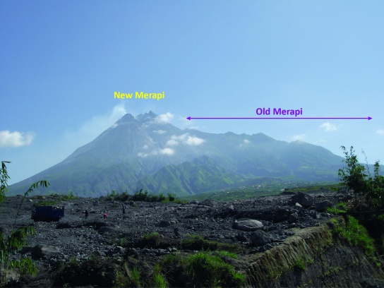 Merapi's complex edifice with the younger active cone of 'New Merapi' and the remnants of 'Old Merapi'. Photo taken in 2011 (K. Preece)